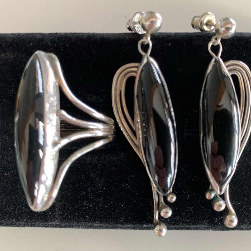 .925 Sterling Silver & Black Onyx Post Earrings and Ring Set - Ring Size 6